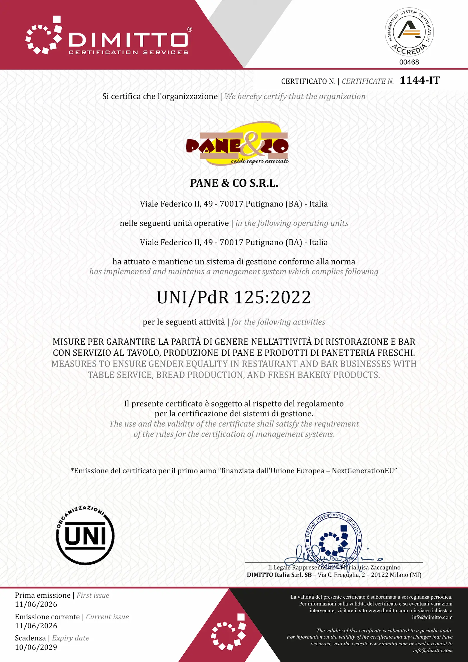Certificato di Parità di Genere UNI/PdR 125:2022 - Pane&Co